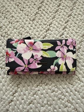 Roxy Black Trifold Wallet with Pink & Green Floral Print